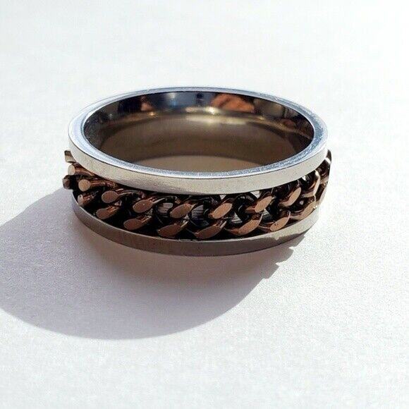 Mens Titanium Ring Sz 12.75 Jewelry Band Coffee Tone Steel Cuban Link Inlay - Picture 1 of 6
